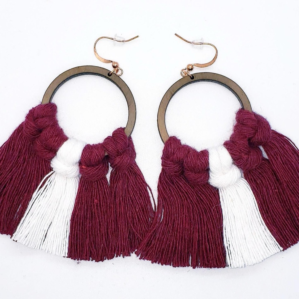 Elegant Burgundy and White Tassel Handmade Earrings